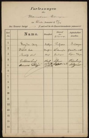 Vorlesungen über Mathematische Uebungen im Winter. Semester 1872/73