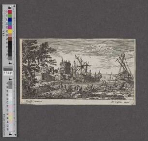 [Ein Hafen mit Stadttor links]