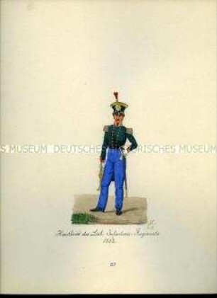 Uniformdarstellung, Hoboist des Leib-Infanterie-Regiments, 1832. Aus: Sammelmappe "Sachsens Militär", Königliche Arsenalsammlung.