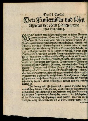 Das II Capitel. Von Finsternissen und bösen Aspecten der obern Planeten/ und ihrer Bedeutung.