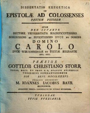Diss. exeg. in Epistolae ad Colossenses, Pars prior