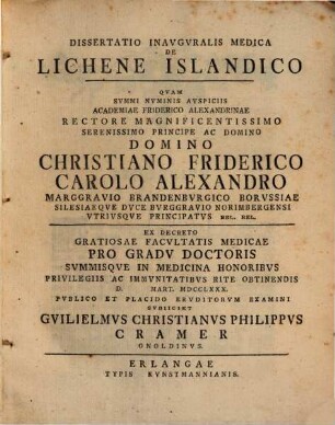 Dissertatio inavgvralis medica de lichene Islandico