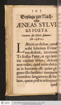 Beylage zur Nachricht AENEAS SYLVIUS POETA