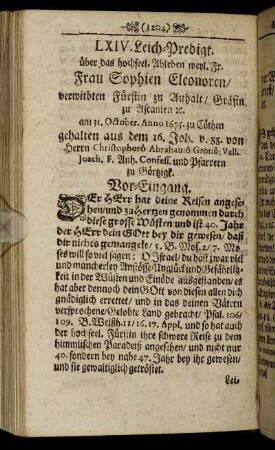 LXIV. Frau Sophien Eleonoren/ verwitbten Fürstin zu Anhalt/ Gräfin zu Ascanien [et]c.