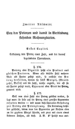 Zweiter Abschnitt. Von den Potenzen und damit in Verbindung stehenden Rechnungsarten.