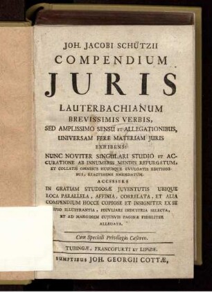 Joh. Jacobi Schützii Compendium Iuris Lauterbachianum : Brevissimis Verbis, Sed Amplissimo Sensu et Allegationibus, Universam Fere Materiam Iuris Exhibens