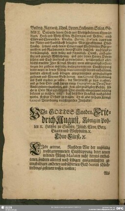 Von Gottes Gnaden, Friedrich August, König in Pohlen [et] c. Hertzog zu Sachsen, Jülich, Cleve, Berg, Engern, und Westphalen, [et] c. Chur-Fürst, [et] c. ...
