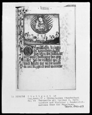 Deutsches Gebetbuch (Waldburg-Gebetbuch) — Madonna auf der Mondsichel über dem Fegefeuer schwebend, Folio 84recto