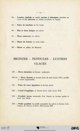 Bronzes - Pendules - Lustres - Glaces (Nr. 100-119)