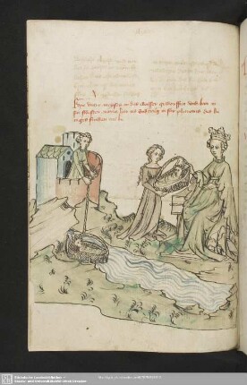 104v: kolorierte Federzeichnung: Aussetzung und Auffindung Moses, Übergabe an Pharaos Frau