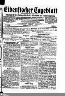 Eibenstocker Tageblatt : Anzeiger für den Amtsgerichtsbezirk Eibenstock und dessen Umgebung, umfassend die Ortschaften Eibenstock, Blauenthal, Carlsfeld, Hundshübel, Neuheide, Oberstützengrün, Schönheide, Schönheiderhammer, Sosa, Unterstützengrün, Wildenthal, Wilzschhaus, Wolfsgrün usw