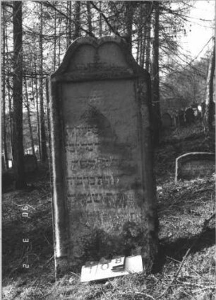 Grabstein 108 (Index: 99608792) Material: Sandstein Zustand: stark verwittert mit Textverlust Maße HxBxT: 141x62x13 cm Beschreibung: Stele mit geschwungenem, gespaltenem Bogen, vertiefter Textteil: Grabstein 108