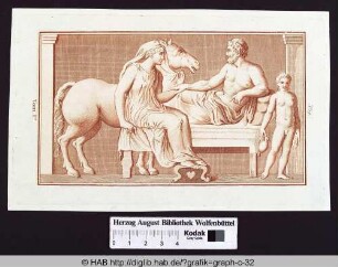Antike Darstellung eines ligenden Mannes mit einer Frau und einem Pferd