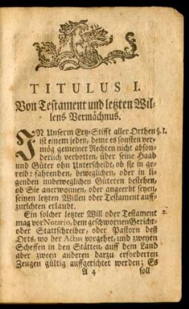 Titulus I. Von Testament und letzten Willens-Vermächnus.