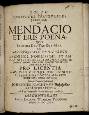 Positiones Inaugurales Iuridicae De Mendacio Et Eius Poena