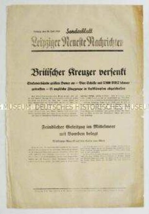 Sonderblatt der "Leipziger Neuesten Nachrichten" zur Versenkung eines britischen Kreuzers