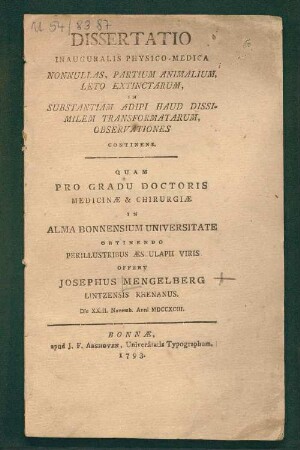 Dissertatio Inauguralis Physico-Medica Nonnullas, Partium Animalium, Leto Extinctarum, In Substantiam Adipi Haud Dissimilem Transformatarum, Observationes Continens