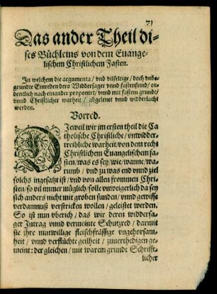 Das ander Theil dises Büchleins von dem Evangelischem Christlichem Fasten.
