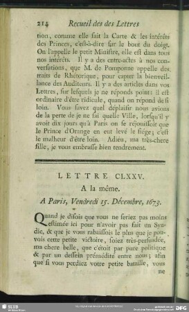 Lettre CLXXV. A la même. A Paris, Vendredi 15. Décembre, 1673