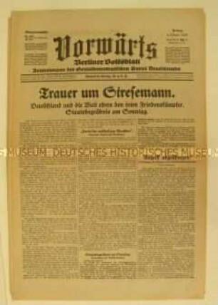 Zentralorgan der SPD "Vorwärts" zur innen- und außenpolitischen Lage Deutschlands nach dem Tod Stresemanns