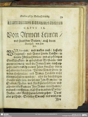 Caput IX. Von Armen Leuten, und frembden Betlern, auch deren Unterhalt, und Heusern
