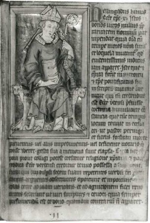 Bischof Erlulf : Bischof Erlulf. Textseite und Illustration aus dem Chronicon episcorum Verdensium, Blatt 10. Handschrift und kolorierte Federzeichnug/Pergament mit Goldgrund; 10 x 6 cm. um 1332. Dresden: SLUB Mscr.Dresd.H.193