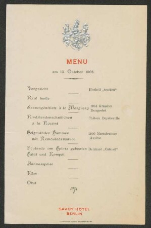 Menu am 16. Oktober 1908 / Savoy Hotel Berlin