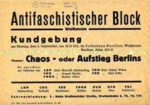 Einladung des Antifaschistischen Blocks Weißensee zu einer Kundgebung mit Referaten zu den Alternativen für die Entwicklung Berlins