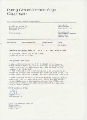 Brief zu Todesdatum Aberle