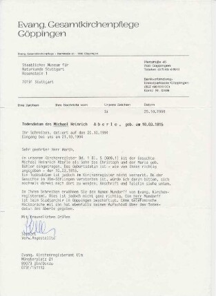 Brief zu Todesdatum Aberle