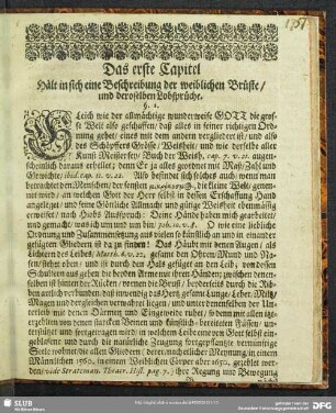Das erste Capitel. Hält in sich eine Beschreibung der weiblichen Brüste, und deroselben Lobsprüche