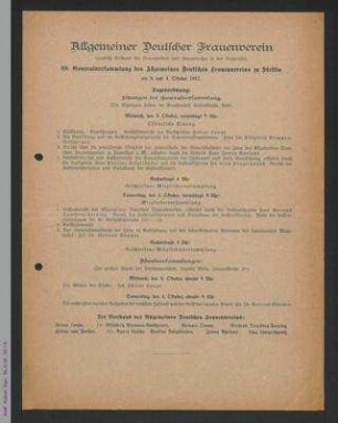 Tagesordnung zur 29. Generalversammlung des ADF 1917 in Stettin