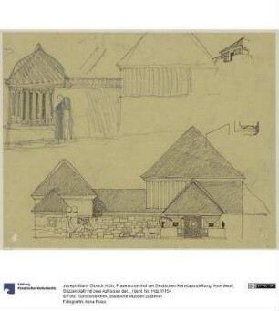 Köln, Frauenrosenhof der Deutschen Kunstausstellung, Vorentwurf, Skizzenblatt mit zwei Aufrissen der Südwestfassade (Eingangsfassade), einer kleinen Perspektive von Süden und einigen Details