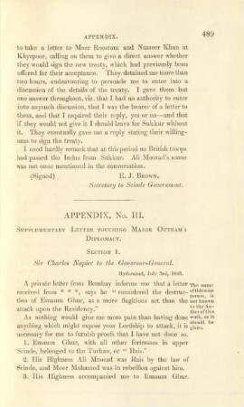 Appendix, No. III. Supplementary letter touching Major Outram's diplomacy