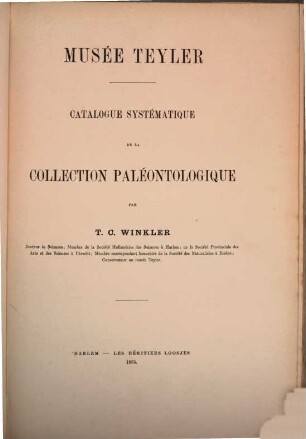 Catalogue systématique de la collection paléontologique, Musée Teyler. 3