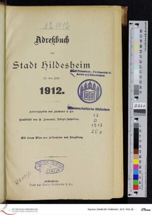 1912: [1912] Adreßbuch der Stadt Hildesheim : für das Jahr 1912