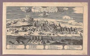 Ansicht der Stadt Pirna und der Festung Sonnenstein, Kupferstich, um 1758 : Nitsche, .... : Prospect der Stadt Pirna und Vestung Sonnenstein, nebst der Attaque von der keyserlichen- und Reichs-Armeé, vom 3. bis zum 5.ten Sept. 1758 / Nitsche. - [S.l.] , [ca. 1758]. - 1 Kunstbl. : Kupferst. ; 32 x 16 cm