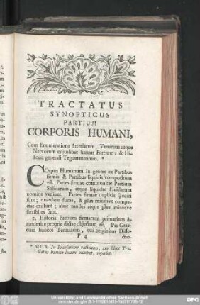 Tractatus Synopticus partium Corporis Humani, Cum Enumeratione Arteriarum, Venarum atque Nervorum cuiuslibet harum Partium; & Historia generali Tegumentorum.