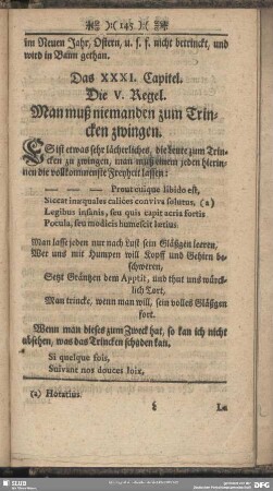Das XXXI. Capitel. Die V. Regel. Man muß niemanden zum Trincken zwingen