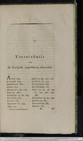 Verzeichniss der als Beyspiele angeführten Gewächse