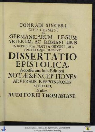 Conradi Sinceri … Dissertatio Epistolica.