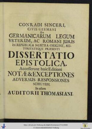 Conradi Sinceri … Dissertatio Epistolica.