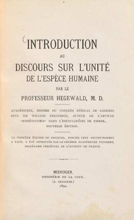 Introduction au discours sur l'unité de l'espèce humaine par le professeur Hegewald