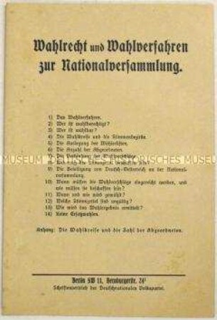 Informationsschrift über Wahlrecht und Wahlverfahren bei der Wahl zur Nationalversammlung im Januar 1919