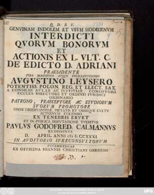 Genvinam Indolem Et Vsvm Hodiernvm Interdicti Qvorvm Bonorvm Et Actionis Ex L. Vlt. C. De Edicto D. Adriani