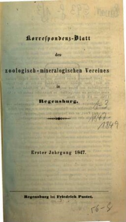Correspondenzblatt des Zoologisch-Mineralogischen Vereines in Regensburg. 1. 1847