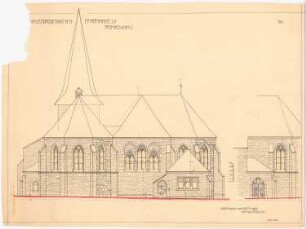 Erweiterung der Remaklus-Kirche, Thommen: Seitenansicht und Detailansicht (1:50)