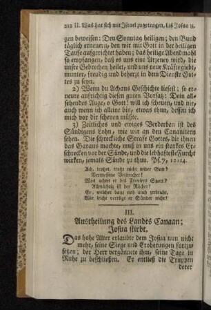 III. Austheilung des Landes Canaan; Josua stirbt.