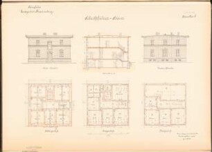 Landgestüt, Braunsberg: Schriftführerhaus: Seitenansicht, Schnitt, Vorderansicht, Grundriss KG, EG 1:100