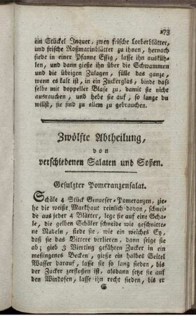 Zwölfte Abtheilung, von verschiedenen Salaten und Soßen.